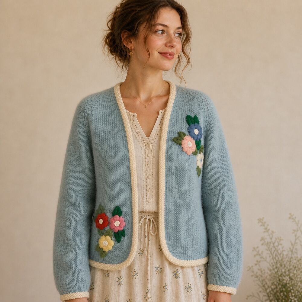 Vintage 1960s Mohair Blend Cardigan Blue Floral Embroidered Open Front M